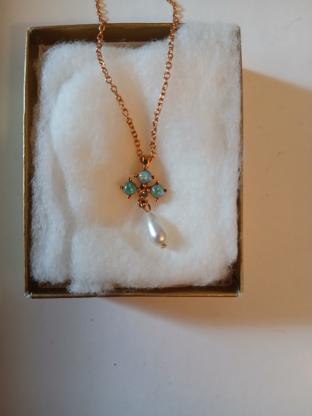 Turquoise & Pearl Drop Pendant Necklace - Gold Tone